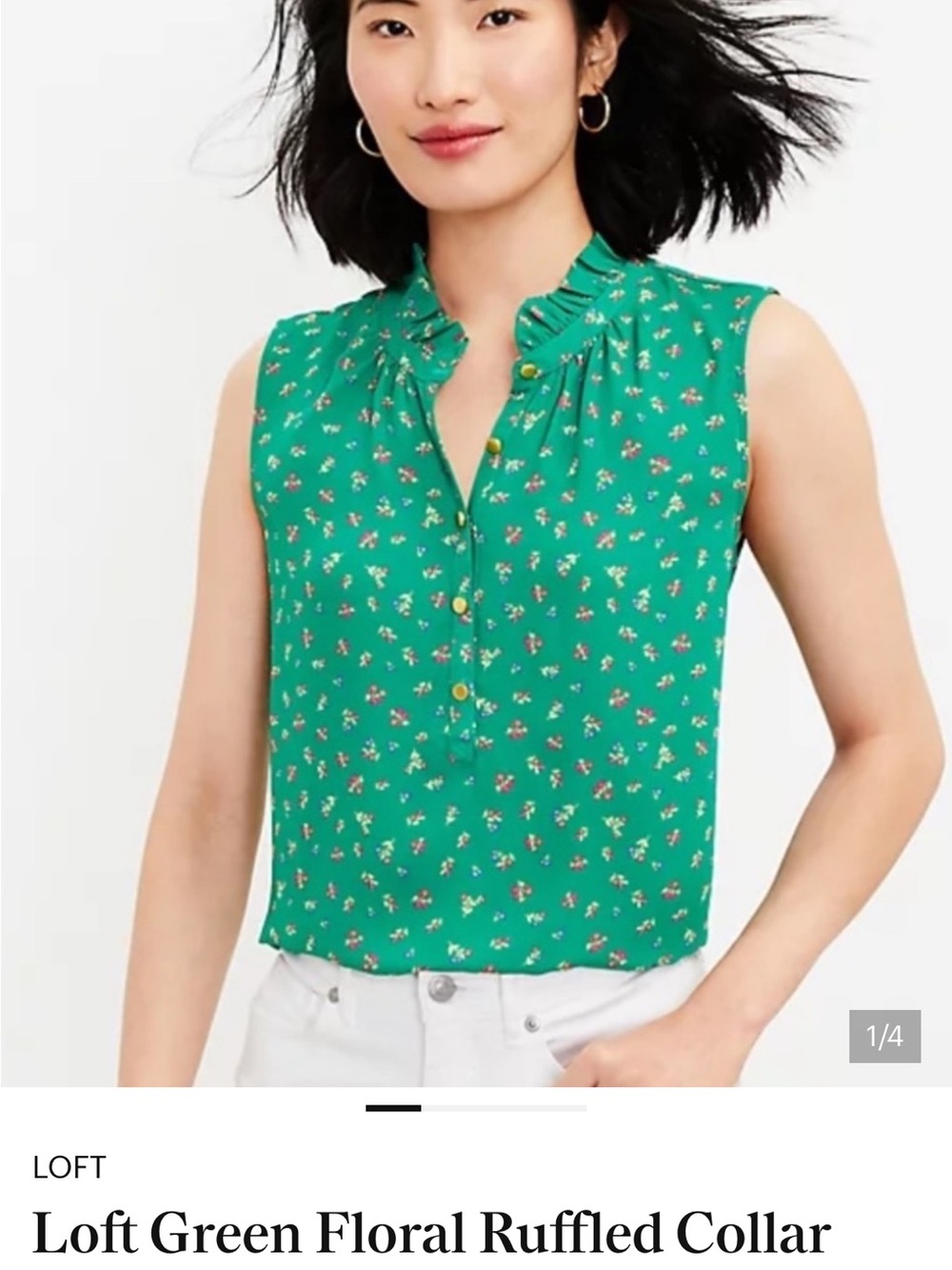 LOFT Green Floral Ruffle Collar Sleeveless Camisole
